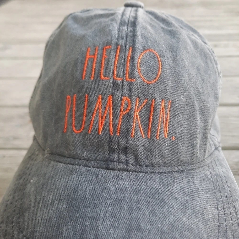Rae Dunn Hello Pumpkin 100% cotton faded black orange embroidered baseball hat